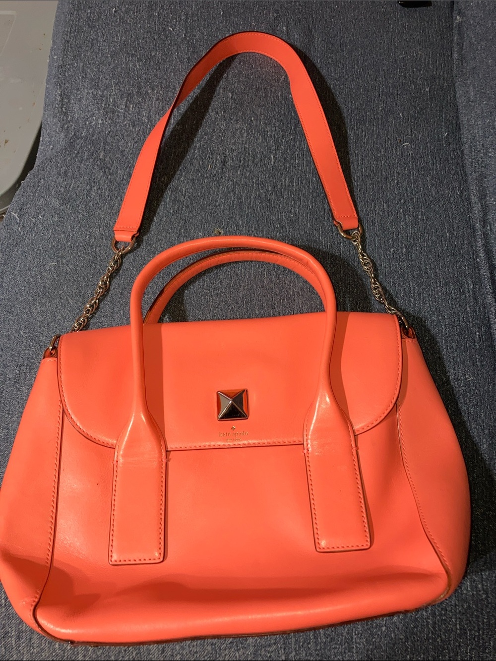 kate spade Coral Orange Leather Shoulder Bag with Chain Strap